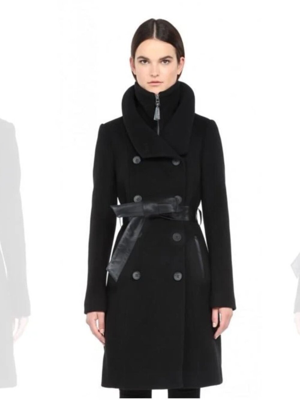Mackage Women’s Black Wool Cashmere Double Breasted Leather Belt Coat L